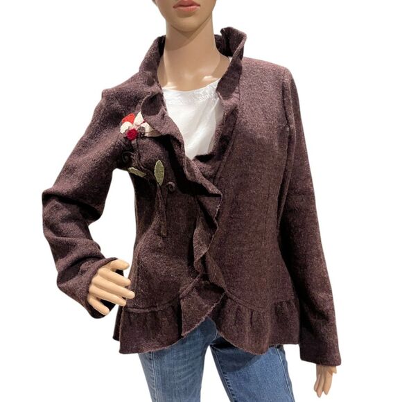 Cynthia Rowley Sweaters - CYNTHIA ROWLEY 100% Wool Ruffle Felted Floral Design Cardigan Jacket Brown Sz M